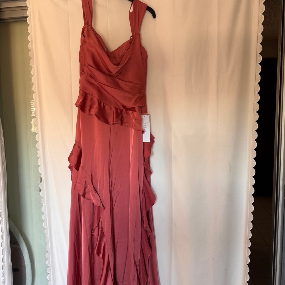 Azazie Rust Red Ruffle Maxi Dress